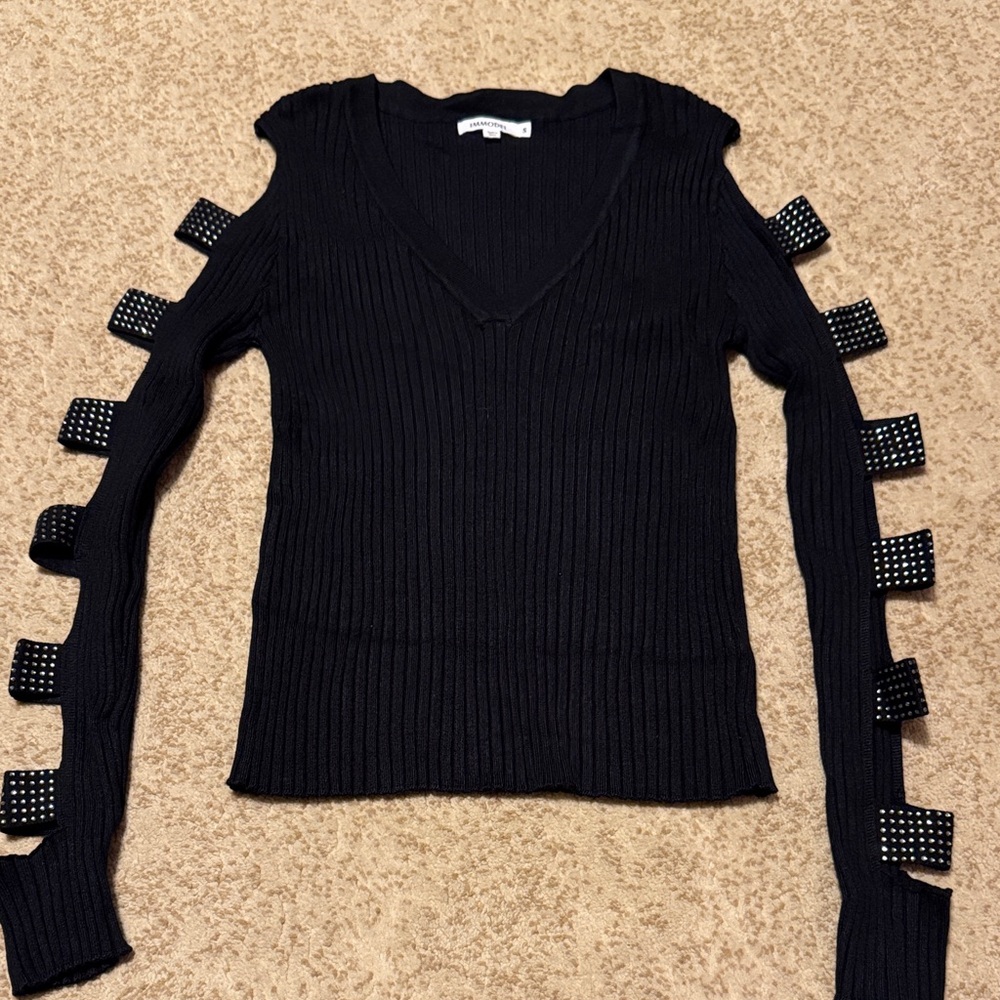 Black V-Neck Sweater with Studded Details